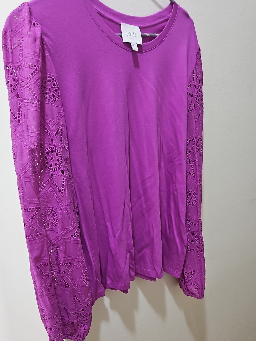 Johnny Was Bright Purple Long Sleeve Top with Lace Eyelet Sleeves